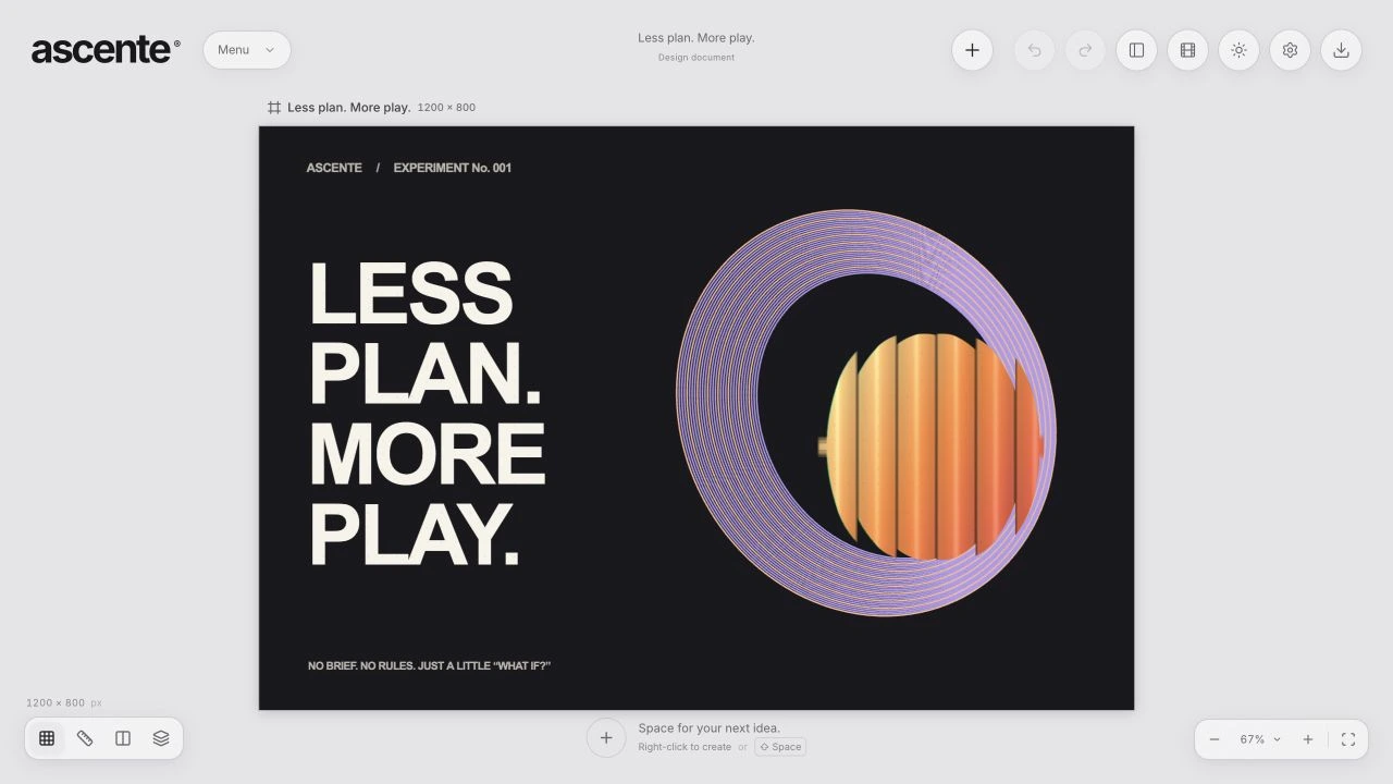 The ascente workspace with a native typographic poster, optical vector loops, and a fluted-glass sphere.